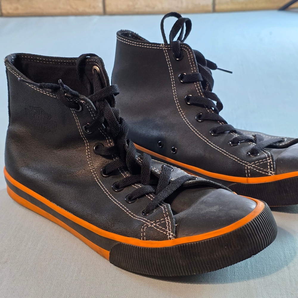 Harley-Davidson Mens Black Leather High Top Sneakers Orange Trim Biker Shoes